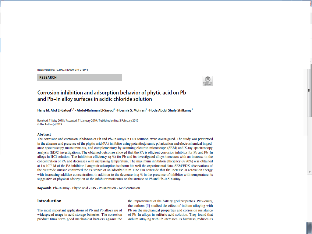 Corrosion inhibition and adsorption behavior of phytic acid on Pb and Pb–In alloy surfaces in acidic chloride solution